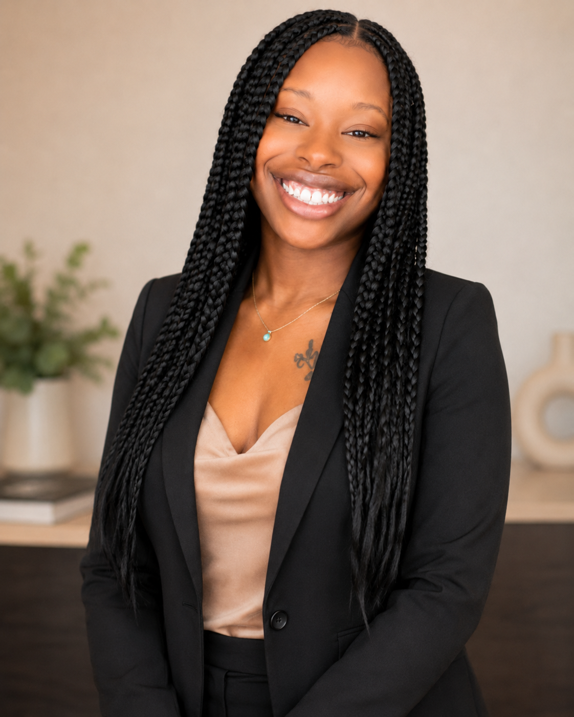 A smiling woman with long braided hair wearing a black blazer and beige top with a necklace, standing indoors with a blurred background featuring a potted plant and decorative items.