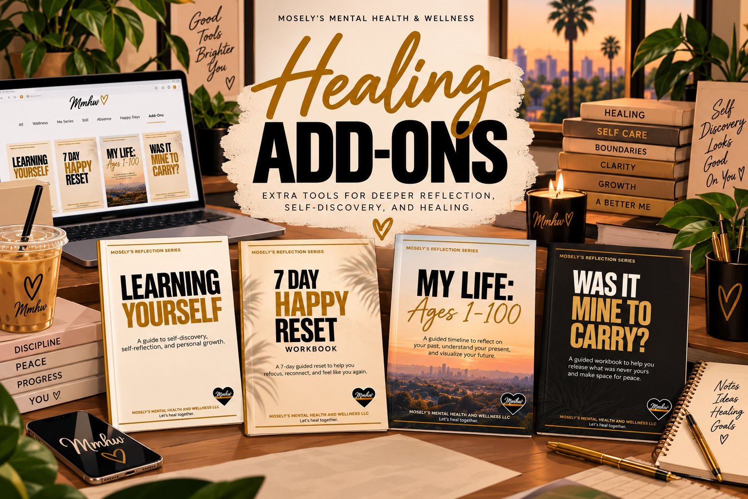 A desk with books, a laptop, and office supplies related to self-discovery and healing. Prominent books include 'Learning Yourself,' '7 Day Happy Reset,' and 'My Life: Ages 1-100.' There are decorative plants, a candle, a notebook, and a smartphone showing a logo. The background shows a sunset through windows with palm trees.