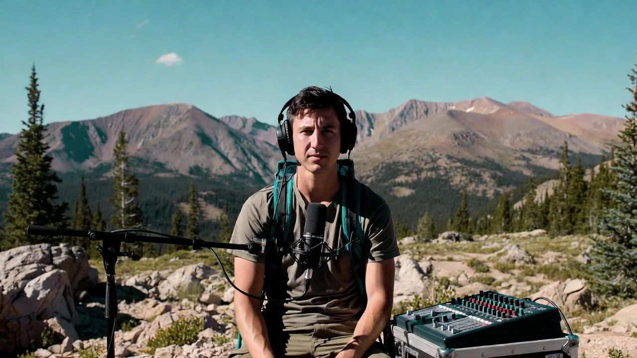 A man wearing headphones is sitting outdoors in a mountainous area with a microphone and sound mixer.