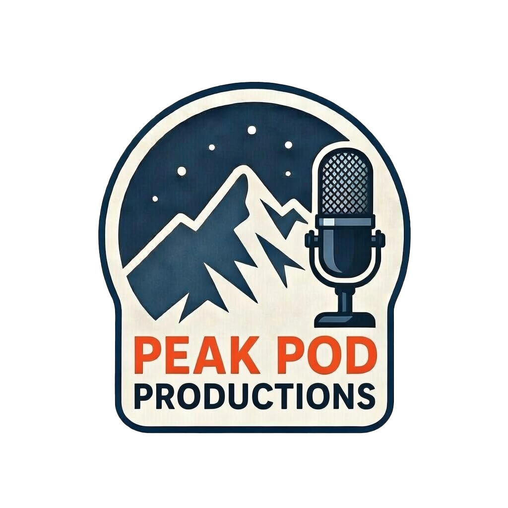 Logo for Peak Pod Productions featuring stylized mountain peaks and a large microphone.