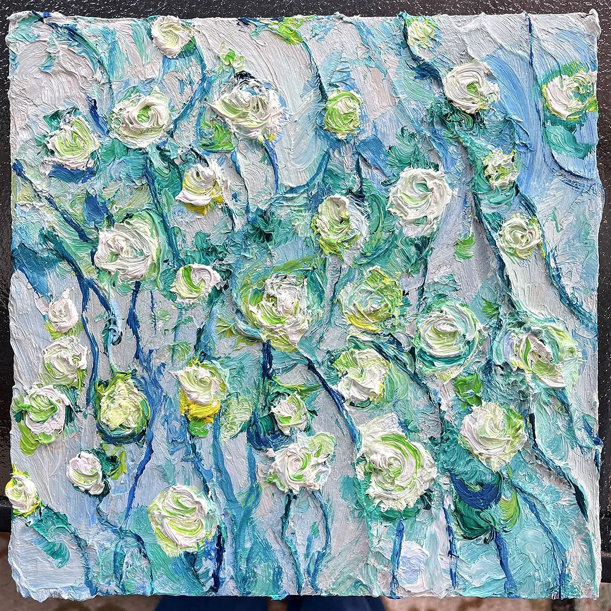 Green Floral Oil Painting on Wood Panel