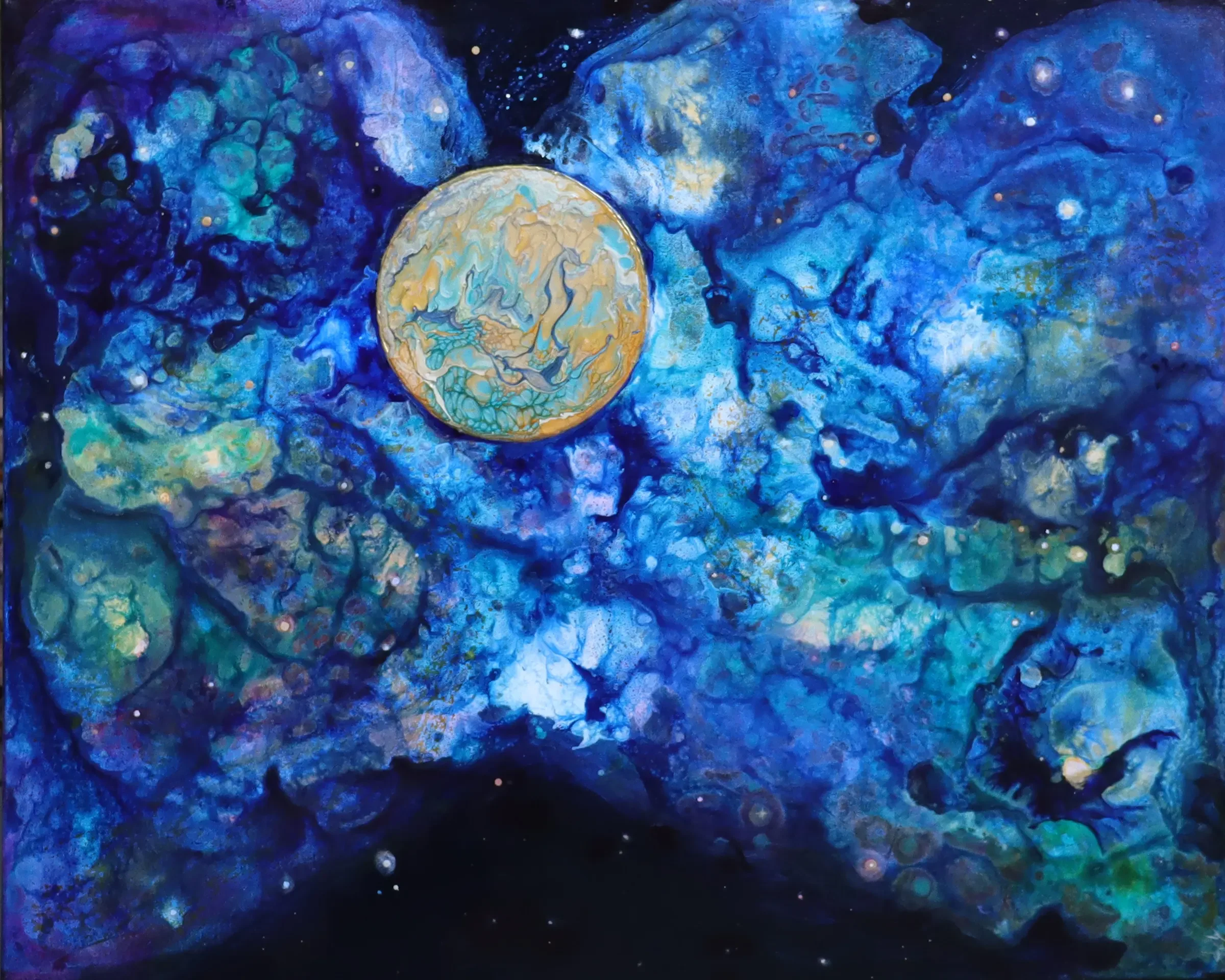 Mystical Planet in Blue Galaxy - Framed Acrylic Painting