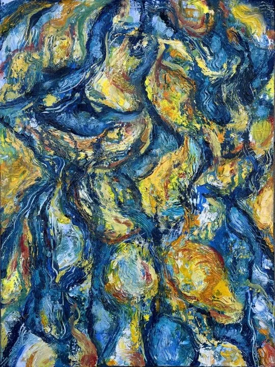 Vibrant Yellow and Blue Abstract Oil Painting