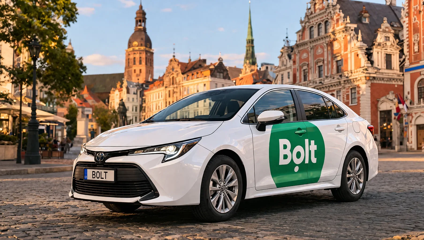 Bolt ride-hailing car parked on a cobblestone street in Riga Old Town with historic buildings in the background.