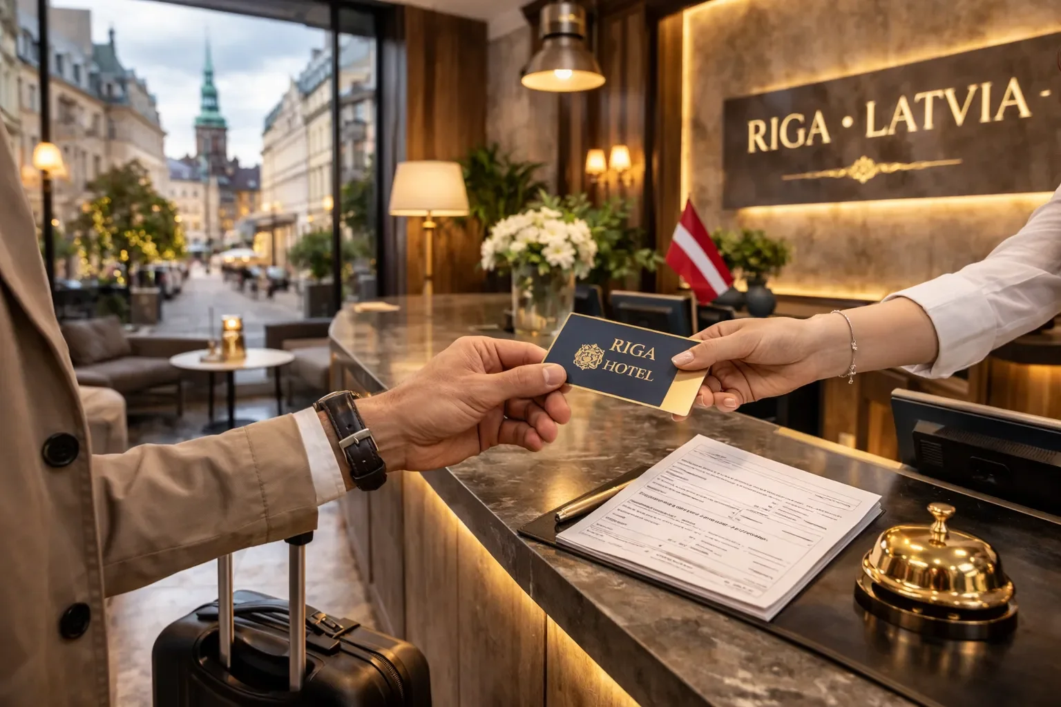 Guest checking into a Riga hotel, handing over a key card at a reception desk with Old Town visible outside.