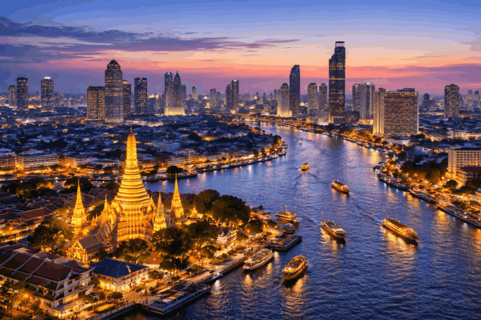 Aerial view of Bangkok, Thailand at sunset, featuring the Chao Phraya River, illuminated temple spires, and a modern city skyline under a colorful evening sky.