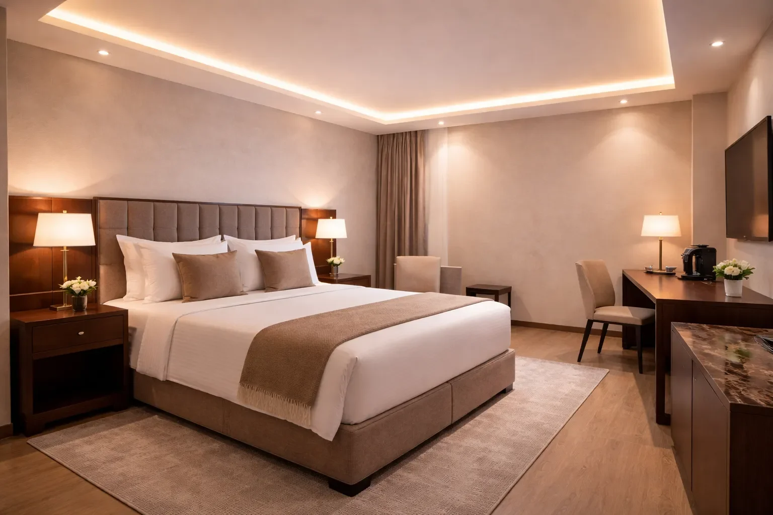 Modern hotel room with a large bed, warm lighting.