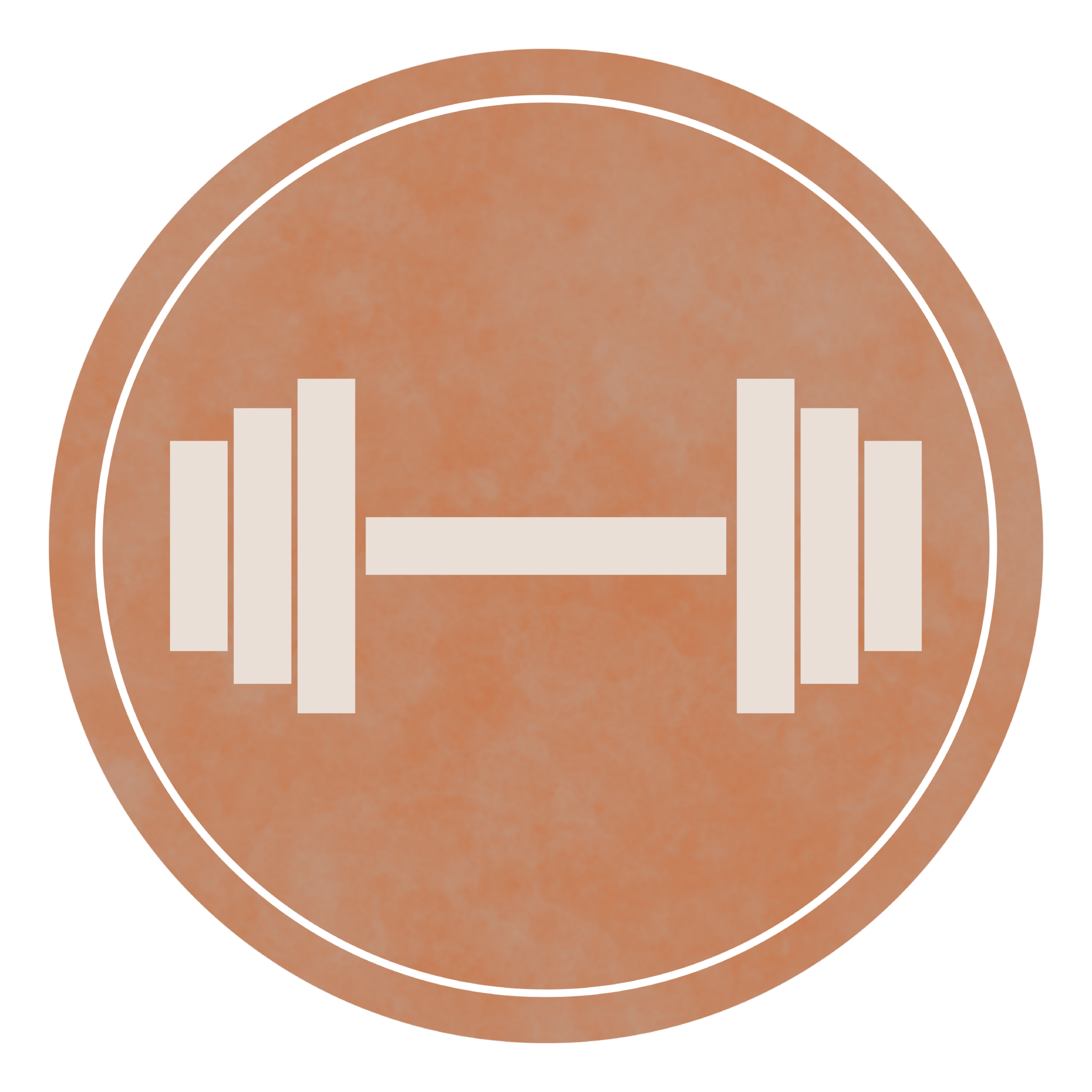 Icon of a white dumbbell inside a circular outline on a light brown textured background.