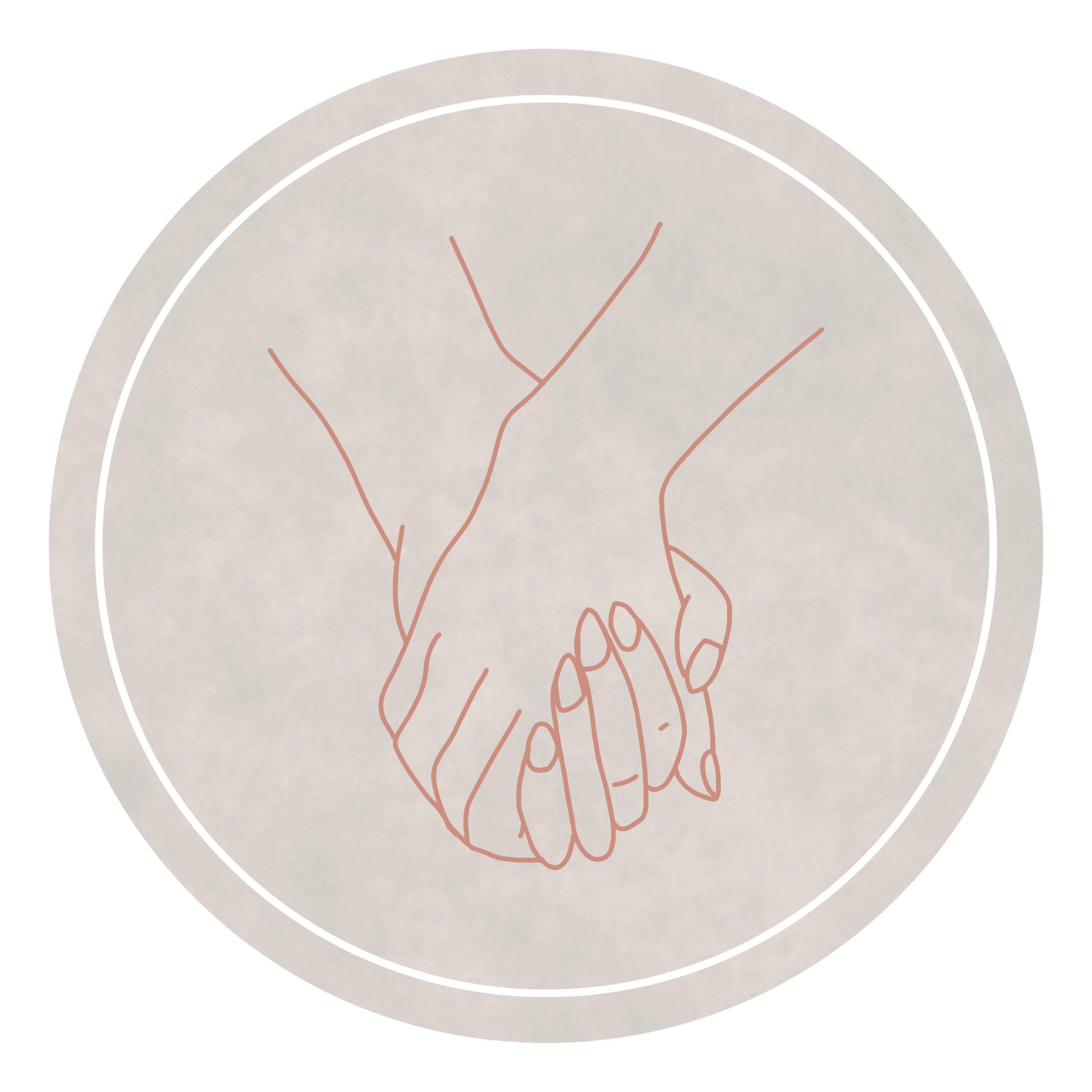 Outline drawing of two hands holding each other, centered on a circular background.