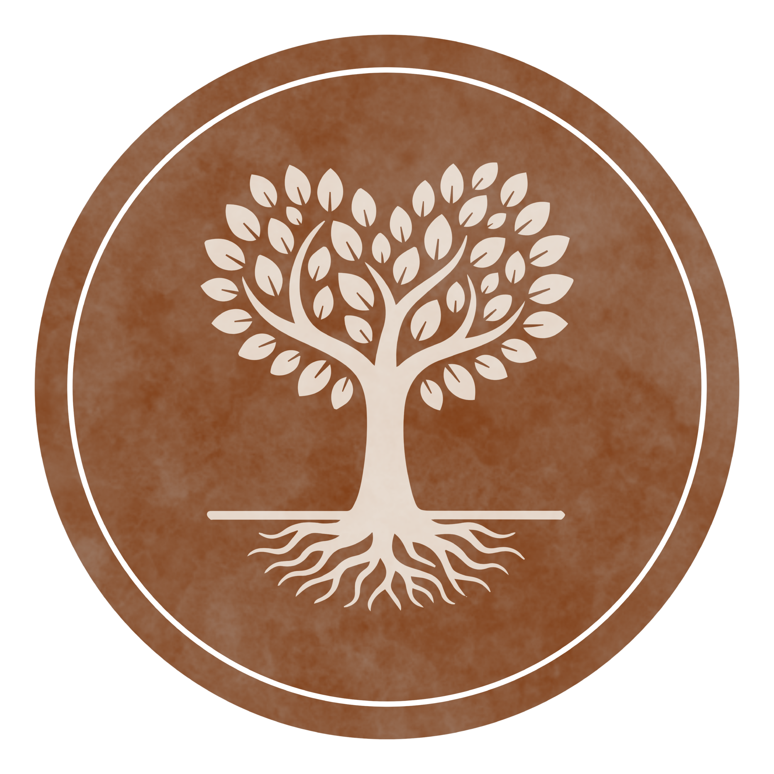 A logo featuring a white tree with many leaves and visible roots on a brown, textured circular background with white concentric rings.