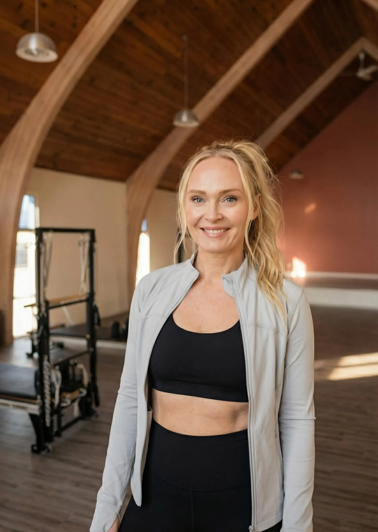 A smiling woman with blonde hair in workout attire standing inside a gym with wooden beams and exercise equipment in the background.