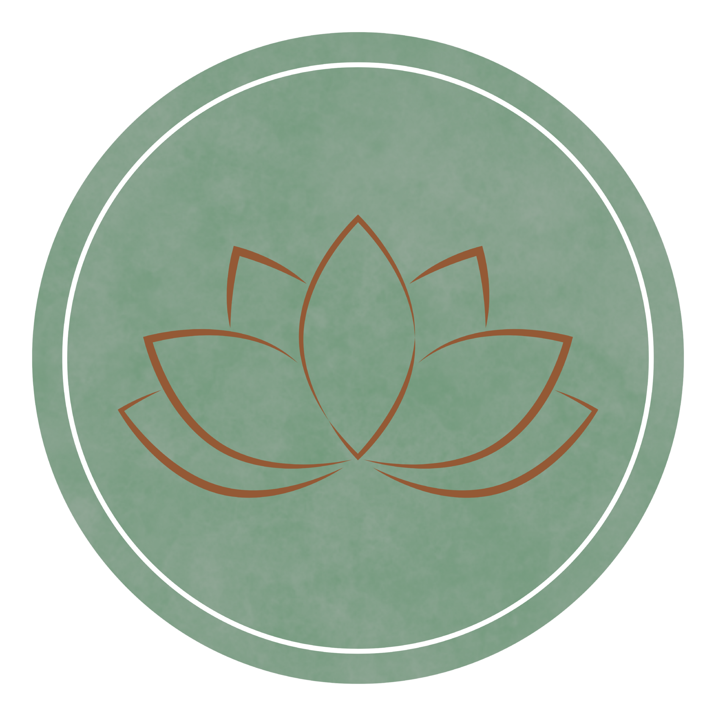 A circular badge with a green gradient background, featuring a brown line drawing of a stylized lotus flower at the center with multiple petals.