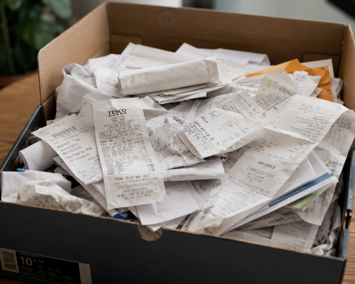 A cardboard box filled with crumpled and unfolded paper receipts from Tesco supermarket.