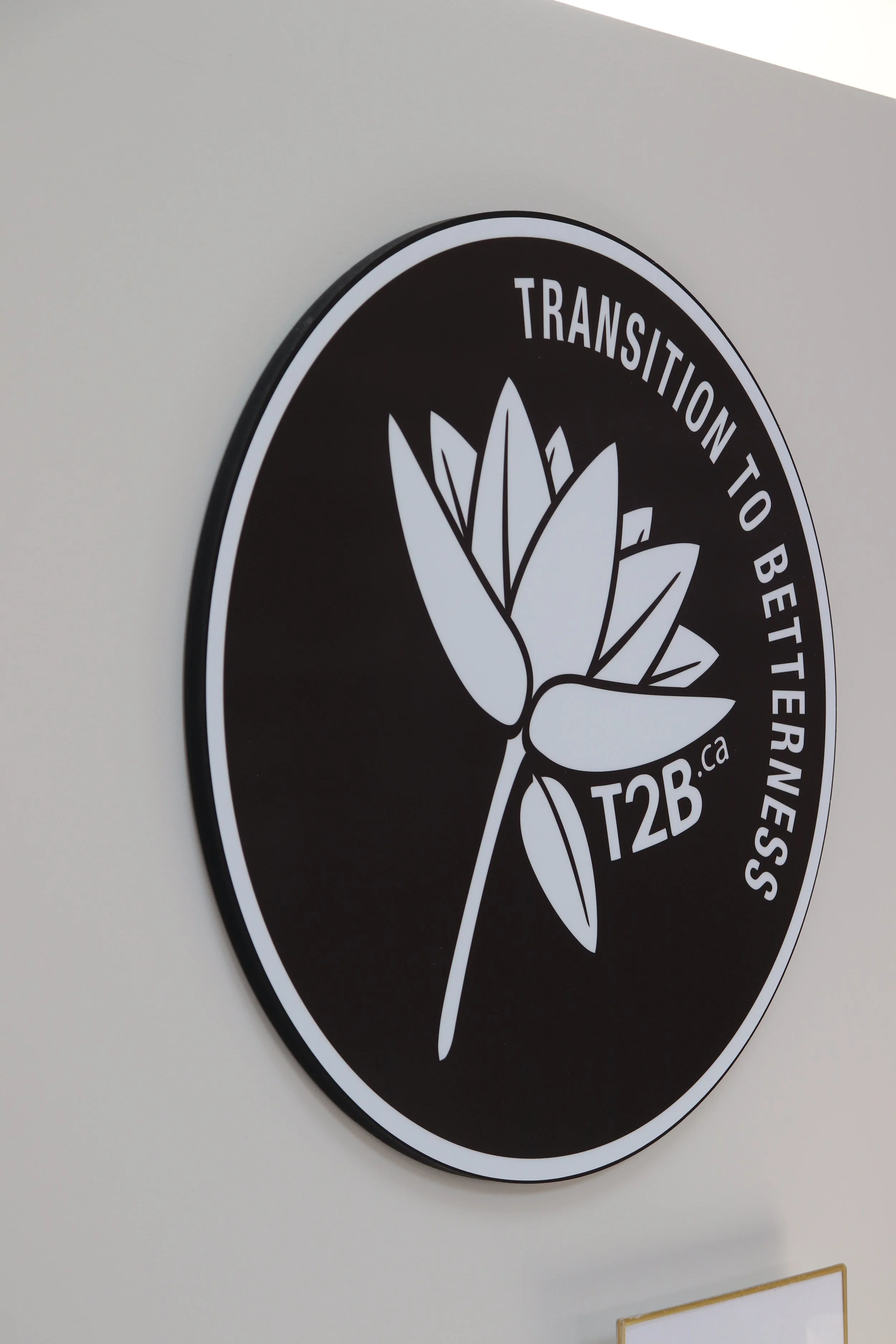 Wall sign with a flower graphic and the text 'Transition to Betterness' and 'T2B.ca'.