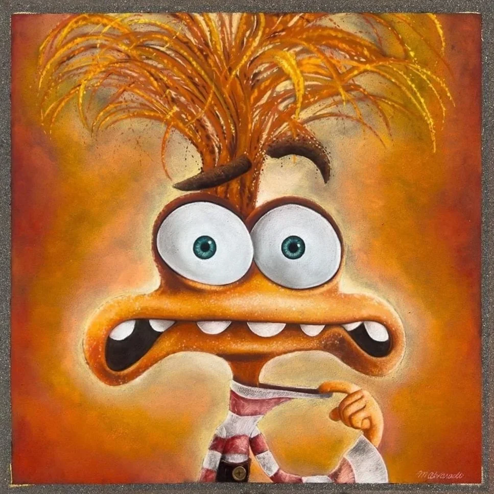 A colorful painting of a cartoon character with large blue eyes, wild orange hair, a big orange nose, and a surprised or confused expression, wearing a red and white striped shirt.
