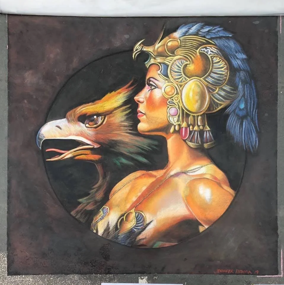 Painting of a Native American woman with a headdress and a fierce eagle with a colorful head in profile, within a circular frame.