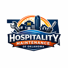 Hospitality Maintenance of Oklahoma logo featuring city skyline, tools, and text.