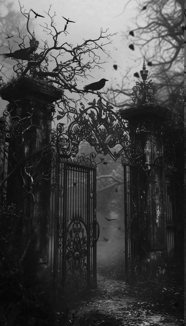 A black and white photo of an ornate, wrought iron gate surrounded by leafless, twisted trees with birds perched on the branches and flying in the foggy background.