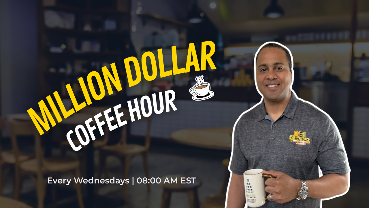 A man holding a coffee mug in a coffee shop with overlay text promoting a weekly coffee hour event.