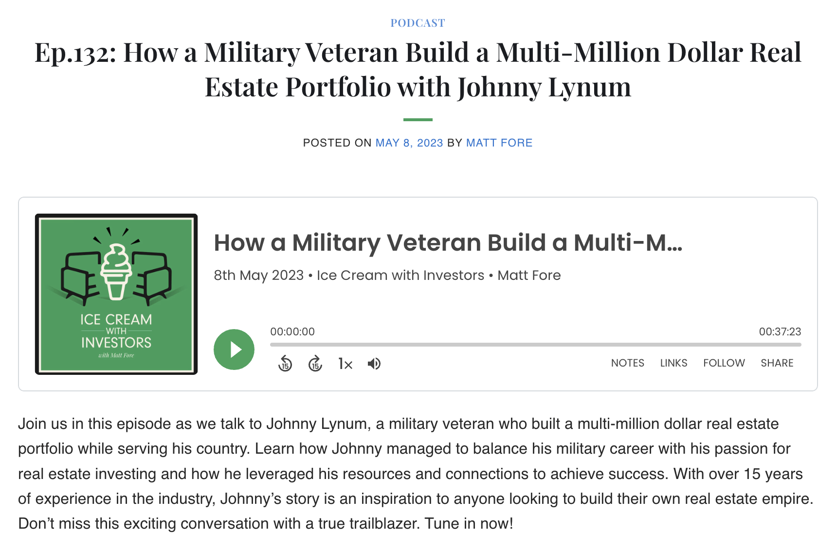 Podcast episode cover for 'Ice Cream with Investors,' featuring a green background with a white ice cream cone surrounded by two chairs.
