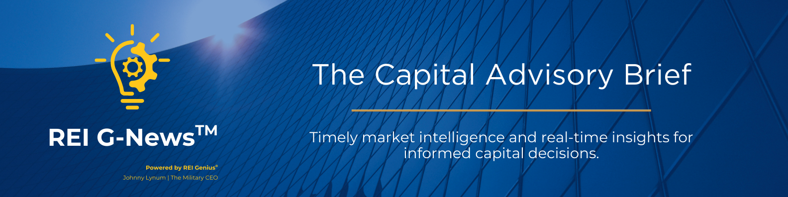 Title slide of a presentation with the text "The Capital Advisory Brief" and "REI G-News" featuring a yellow lightbulb with a gear inside, set against a blue geometric background.