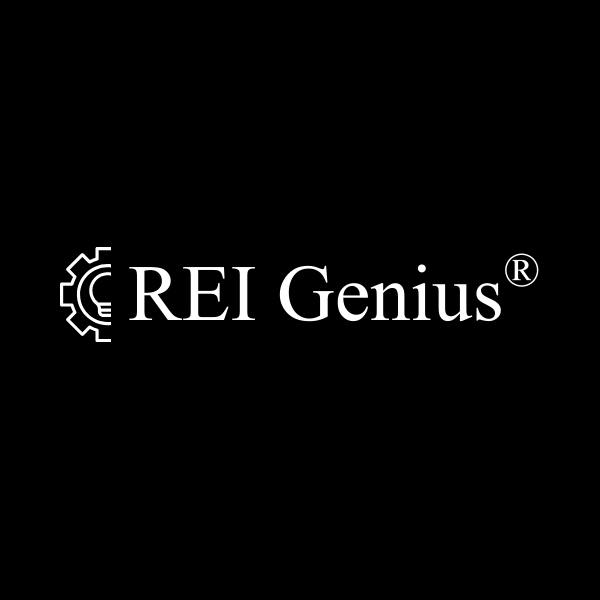 REI Genius logo with a stylized gear and brain design on a black background.