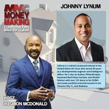 Magazine cover featuring Johnny Lynum, a real estate investor, with a background of houses and text about his achievements. Two men in suits are pictured, one on the left and one on the right.