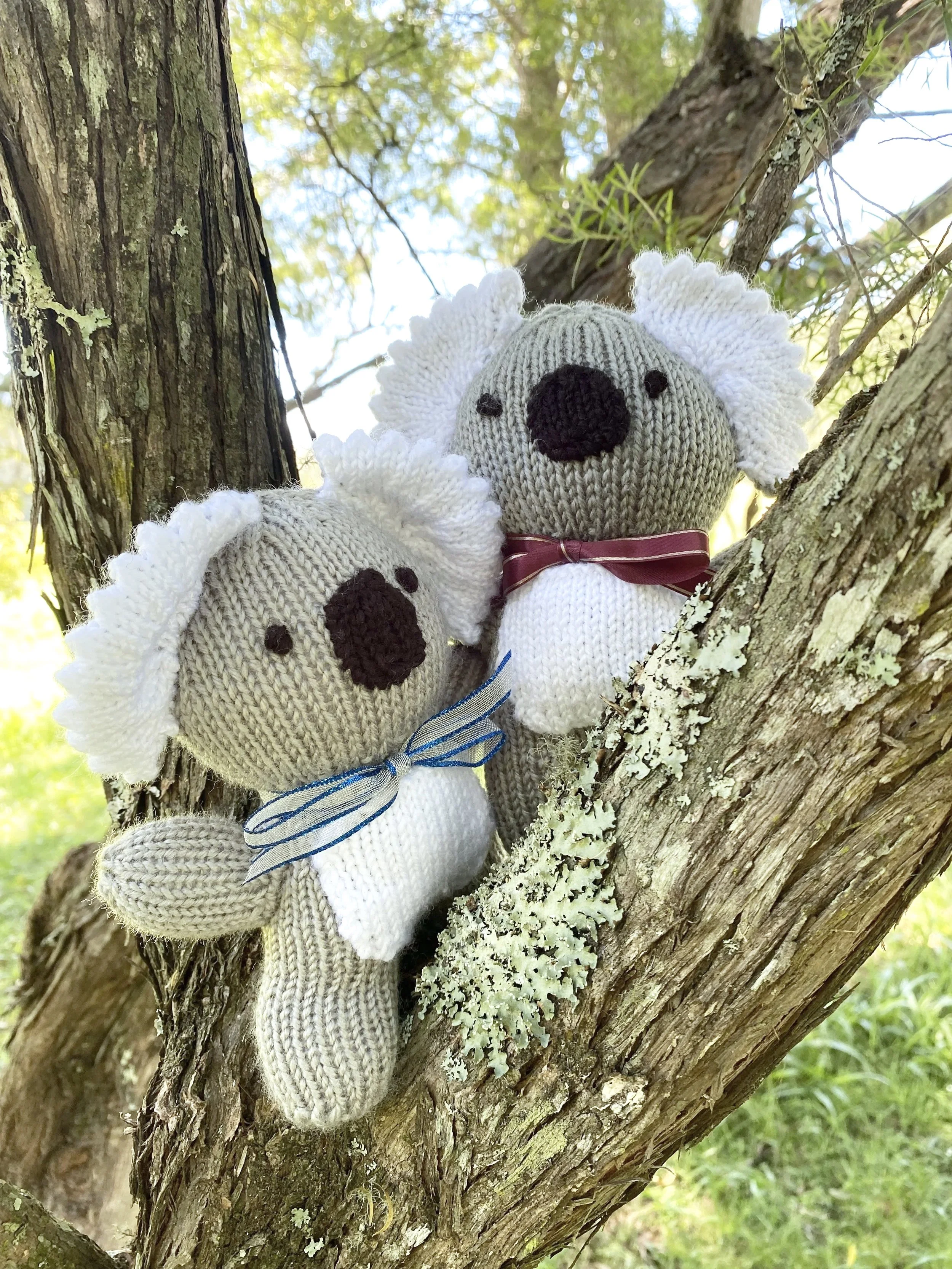 Two knit koala plush toys with white fluffy ears, black noses, and small black eyes, sitting on a tree branch. One has a blue and white striped ribbon, the other has a maroon ribbon, surrounded by green leaves and bark.
