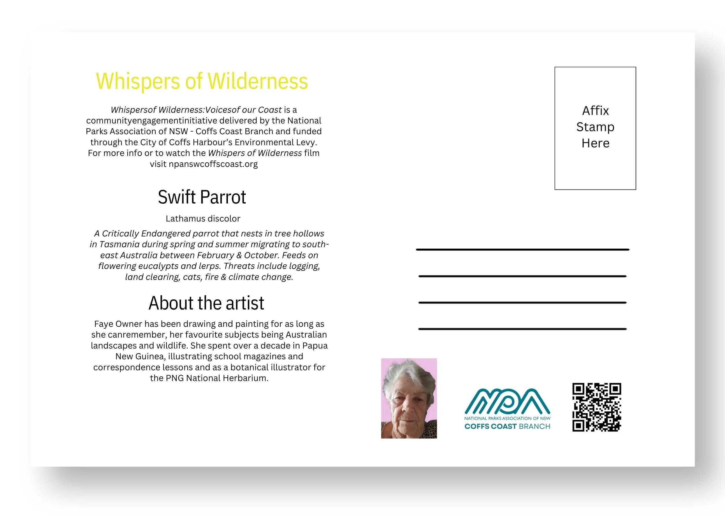 A flyer titled 'Whispers of Wilderness' with information about a wildlife subject, a Swift Parrot, and an artist named Faye Owner, including a small portrait, logos, QR code, and designated space for an affix stamp.