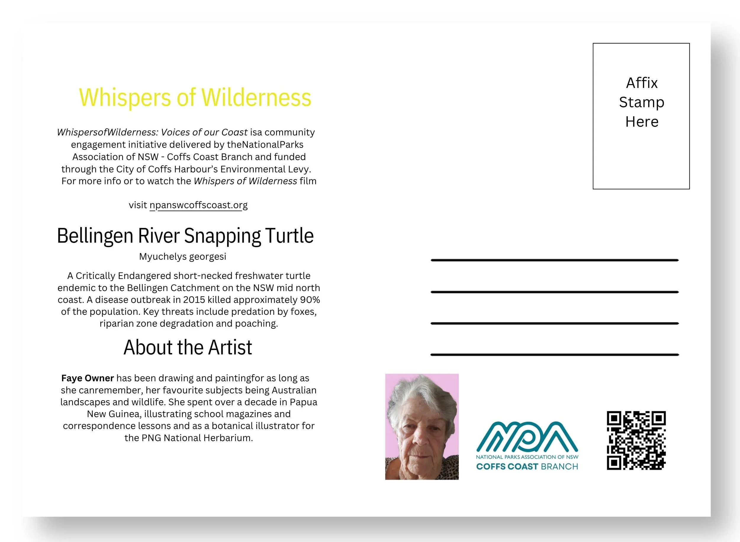 A flyer titled "Whispers of Wilderness" promoting a conservation project about the Bellingen River Snapping Turtle, featuring a small portrait photo of an elderly woman, the logos of the Coffs Coast Branch of the National Parks Association of NSW, an
