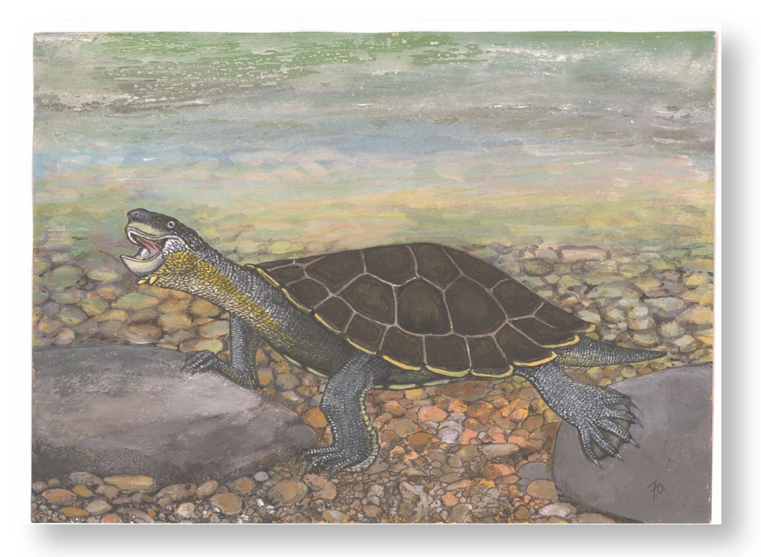 Painting of a turtle with a dinosaur-like head, standing on rocky ground with a blurred landscape and sky background.