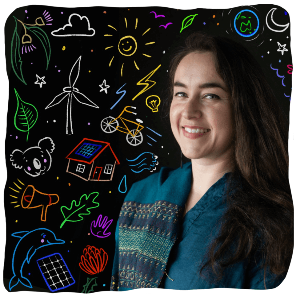 A woman with long dark hair smiling, surrounded by colorful neon drawings of nature, renewable energy, animals, and eco-friendly symbols on a black background.