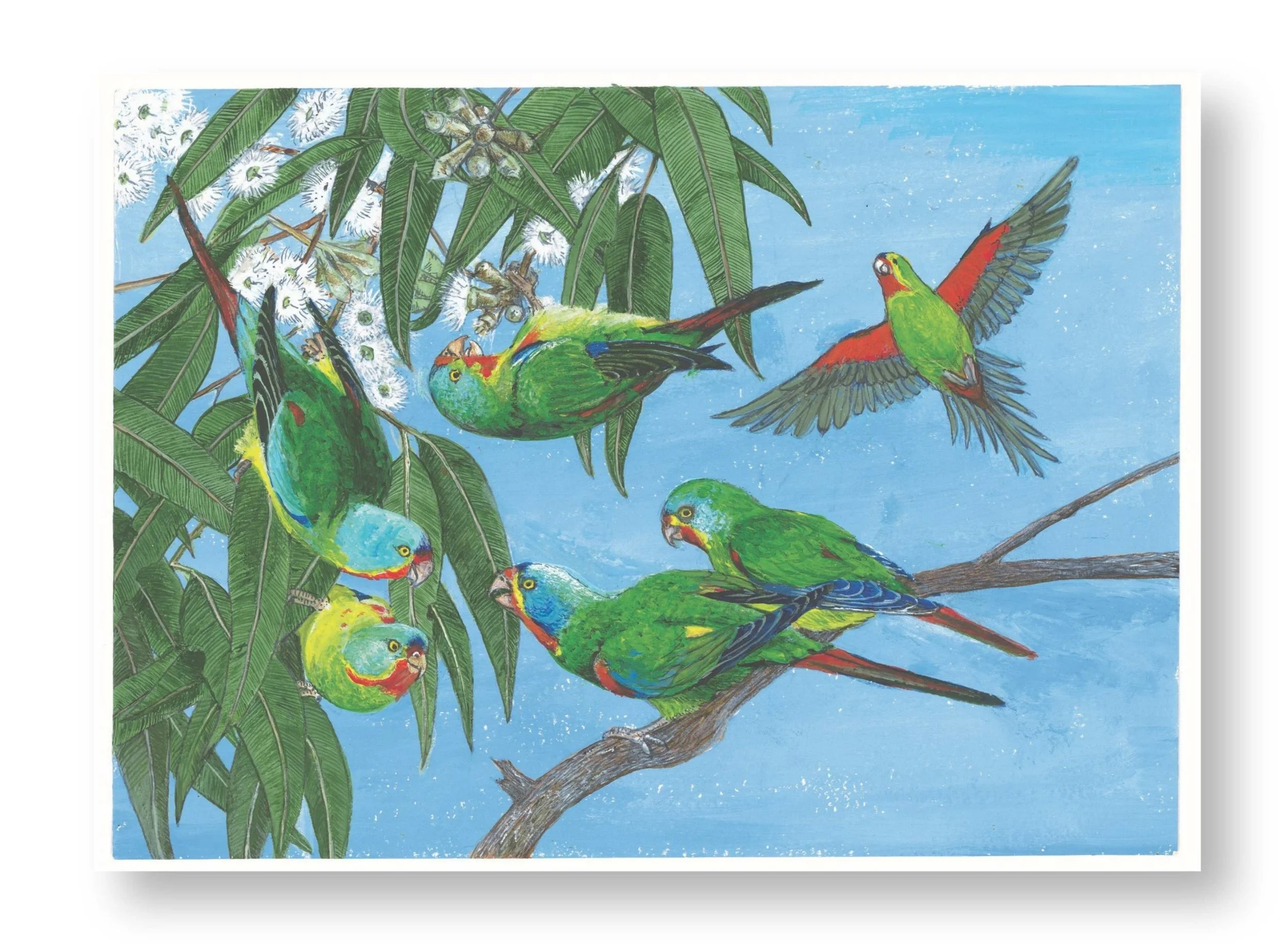 Colorful illustration of seven parrots, some perched on a branch and others flying, among green leaves and white flowers against a blue sky.