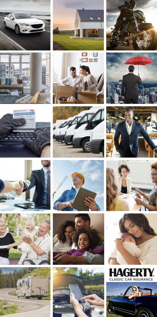A collage of various scenes including a white sedan driving on a road, a modern house, a motorcyclist, a living room interior, a couple shopping online, a businessman holding a red umbrella over city buildings, a person typing on a keyboard with a credit card, fleet of white delivery vans, a confident man in a suit, a handshake at a business meeting, a construction worker with a tablet, a woman and another in a meeting, an elderly couple with a child, a mother with children, a woman with a baby, an RV on a road, someone using a smartphone, and a black convertible car with the logo 'Hagerty Classic Car Insurance'.
