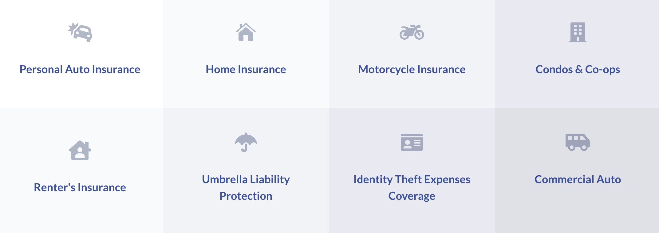 Insurance options grid with icons and labels including personal auto, home, motorcycle, condos, renter's, umbrella liability, identity theft, commercial auto, and co-ops.
