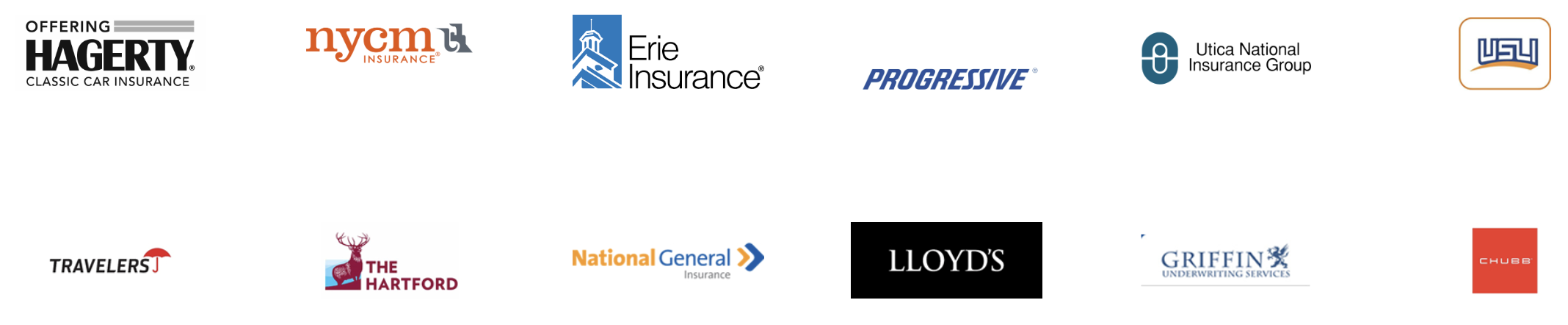 Collection of insurance company logos, including Hagerty, NYCM Insurance, Erie Insurance, Progressive, Utica National Insurance, USAA, Travelers, The Hartford, National General, Lloyd's, Griffin Underwriting Services, Chubb, and others.