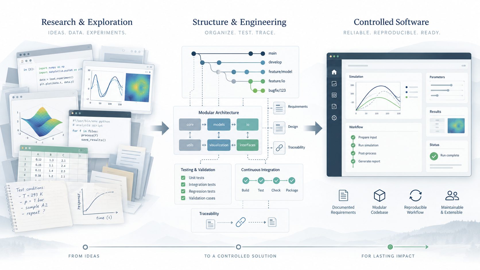 Diagram illustrating the process of research, structure, and control software development for engineered solutions, including concepts like modular architecture, testing, validation, continuous integration, and workflow management.