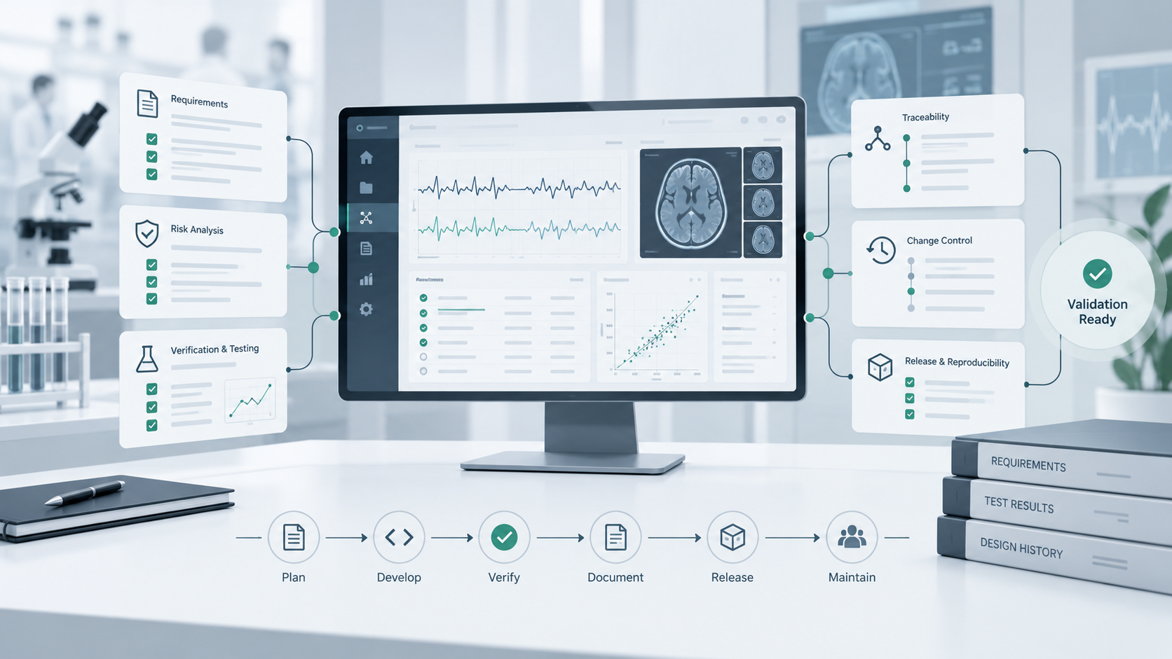 Digital medical data dashboard showing brain scans, ECG readings, and analysis charts, with related workflow icons on a desk in a laboratory setting.