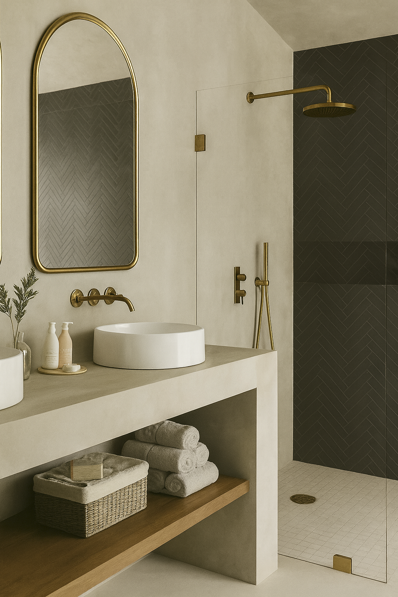 A modern bathroom with a beige countertop, oval white sink, gold fixtures, a large gold-framed mirror, and a walk-in shower with black herringbone tiles, a gold showerhead, and a glass door.