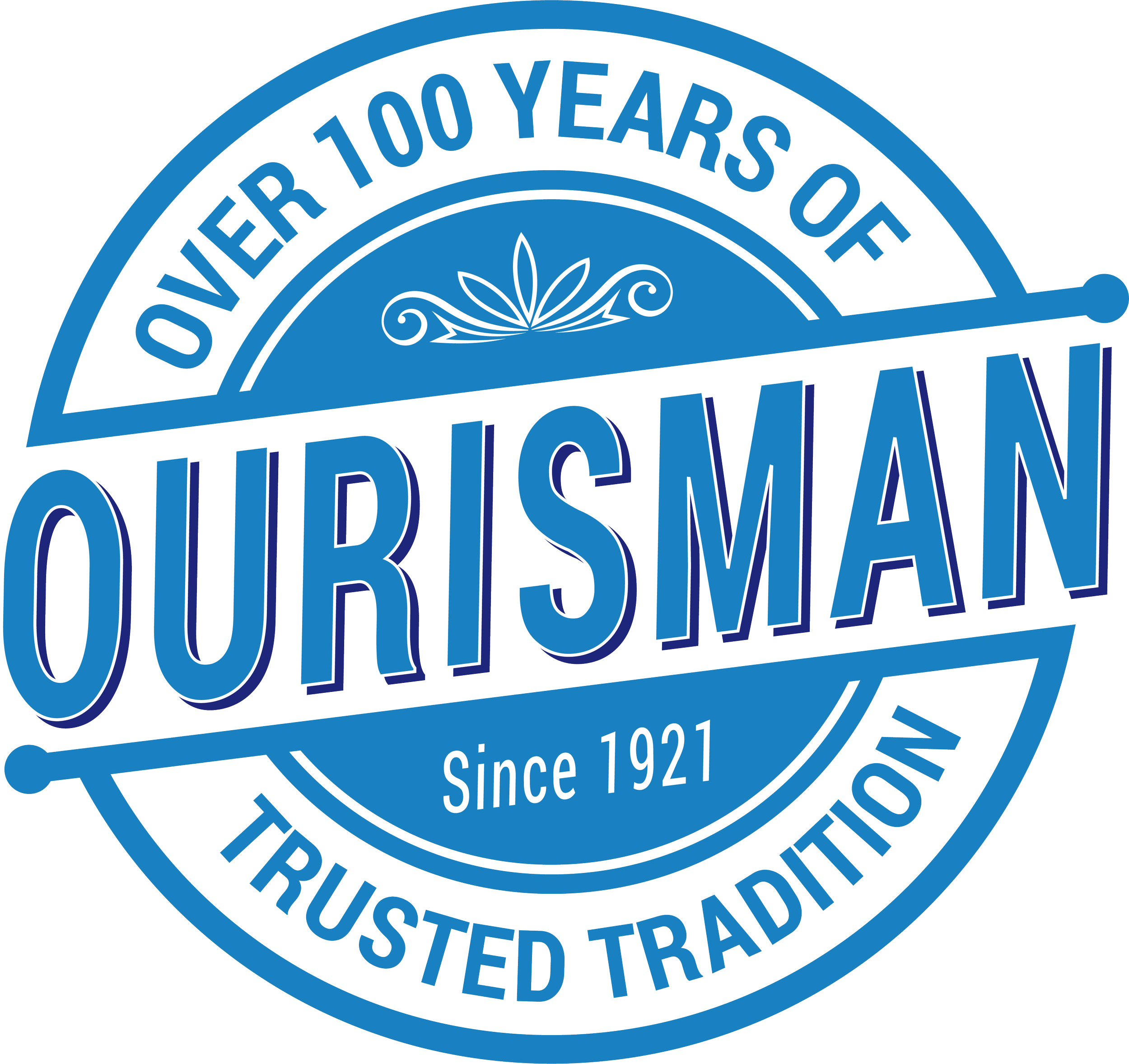 Blue circular badge with white and dark blue text that reads 'Over 100 Years of Ourisman Since 1921 Trusted Tradition'.