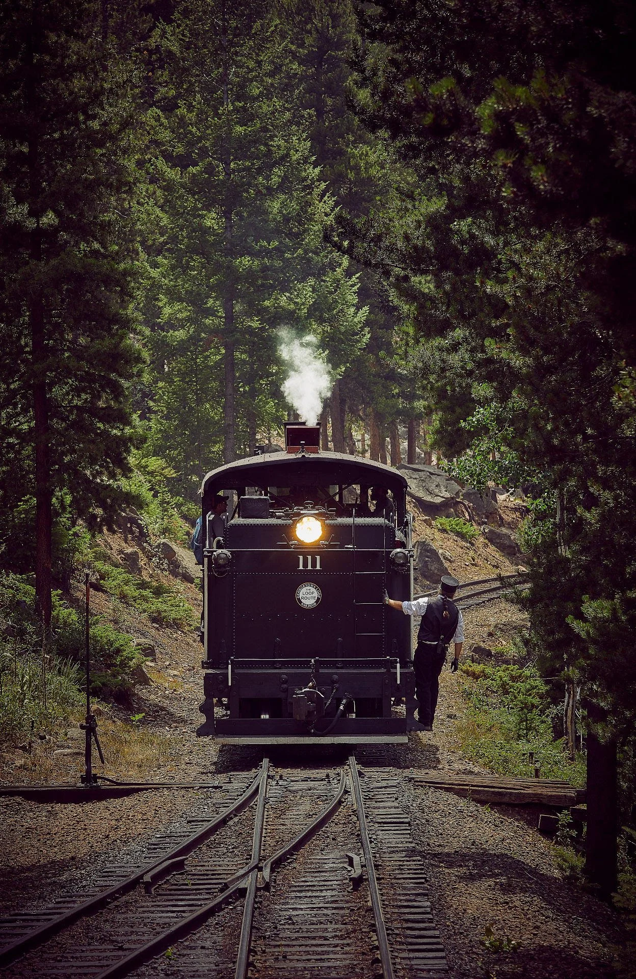 A vintage black steam train on railway tracks surrounded by dense green forest with a conductor standing on the side.