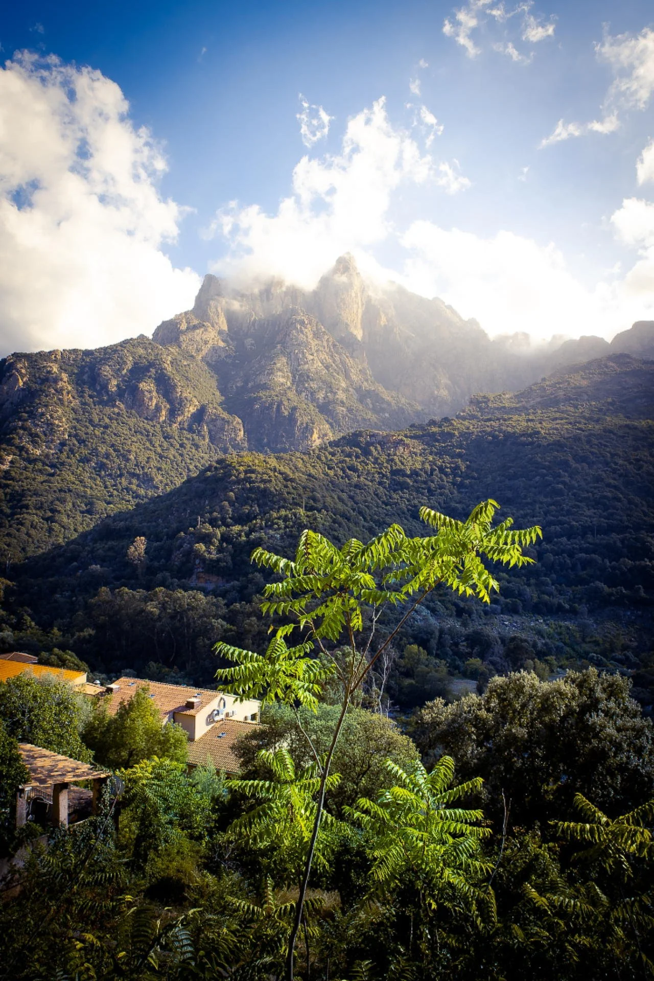 Scenic view of a mountain range with lush green forests, a few houses in the foreground, and partly cloudy skies with sunlight.