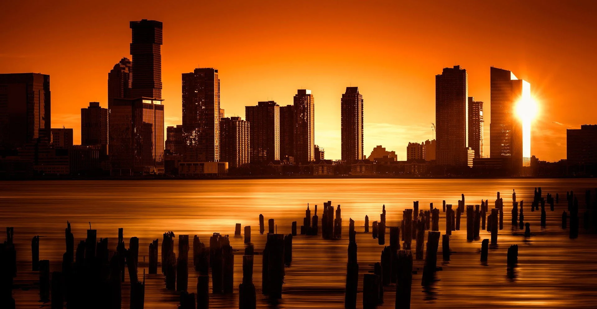 City skyline at sunset with tall buildings and reflections on water, wooden posts in the foreground.