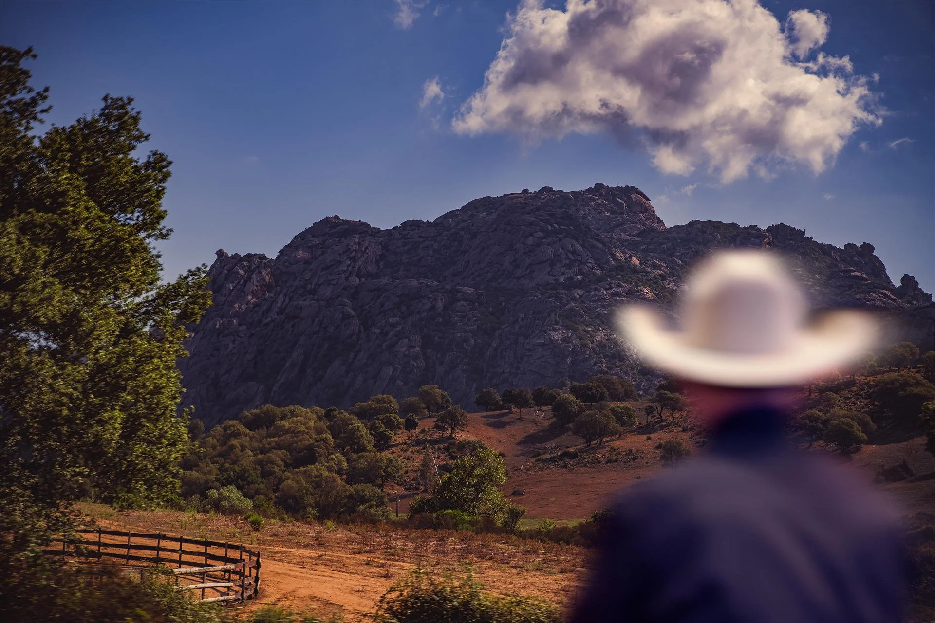 Landscape with mountains, trees, and a blue sky with clouds, and a person wearing a cowboy hat and dark clothing in the foreground, slightly out of focus.