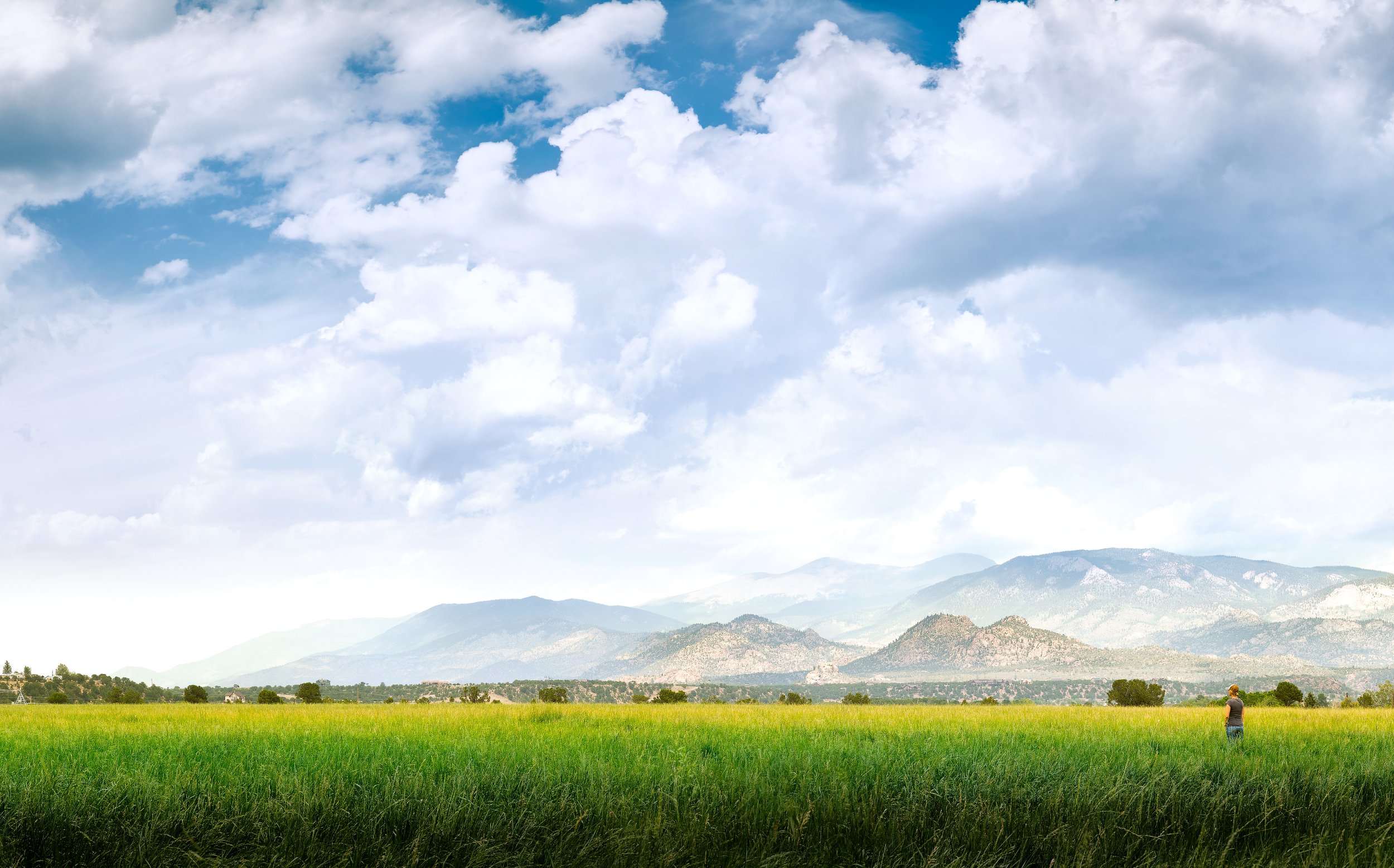 A person standing in a green grassy field with mountains in the background and a partly cloudy sky.