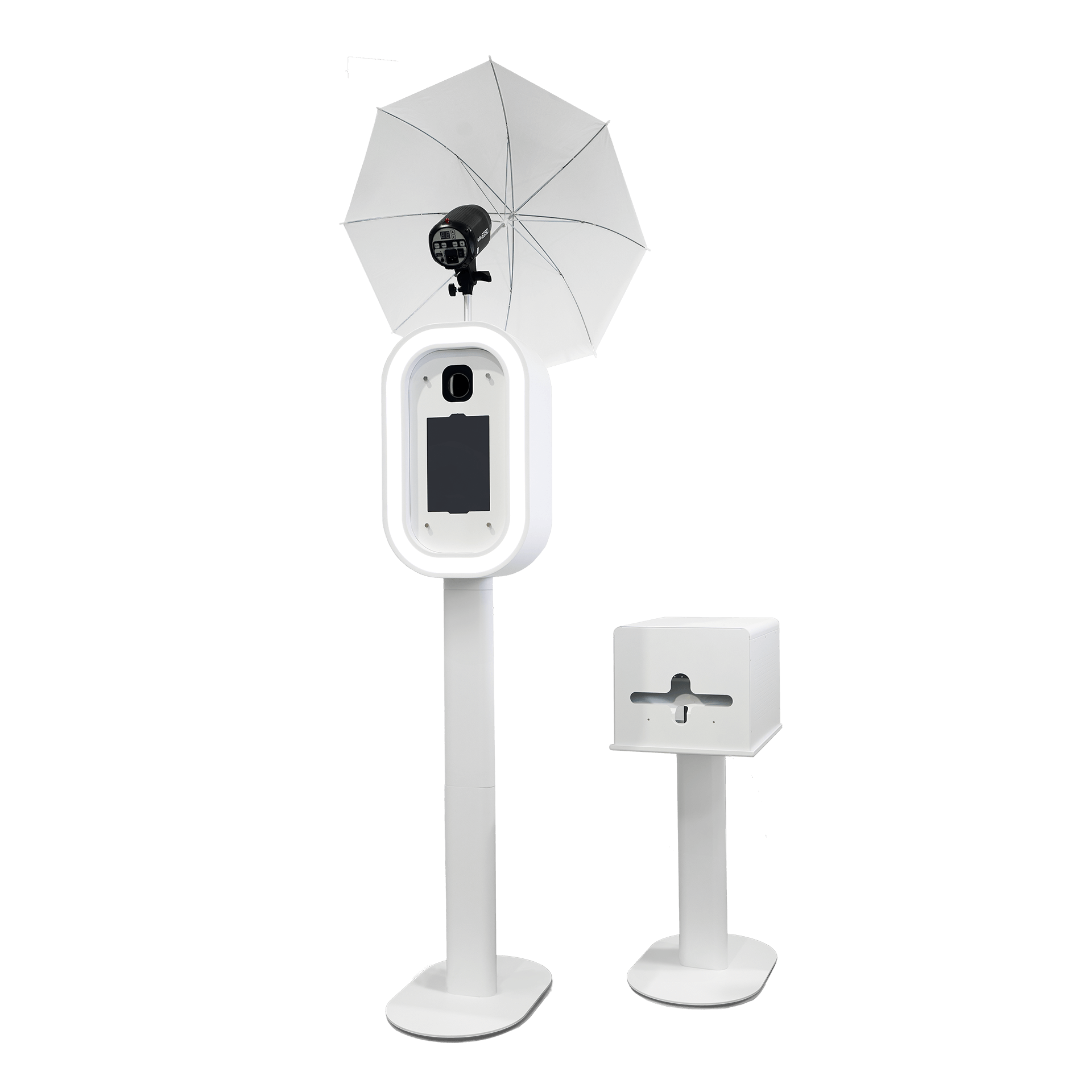 Medical device with a white umbrella, mounted on a stand, with a black control panel, and an additional stand with a slot for inserting items.