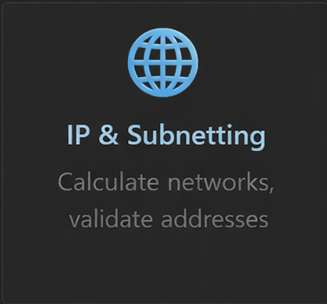 Icon of a globe and text that says 'IP & Subnetting' with a subtitle 'Calculate networks, validate addresses' on a dark background.