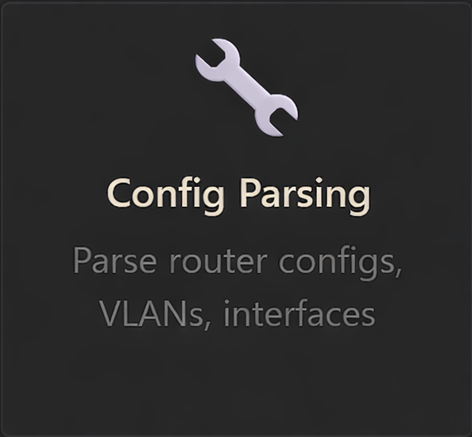 Screen showing 'Config Parsing' with a wrench icon, indicating router configuration, VLANs, and interfaces.