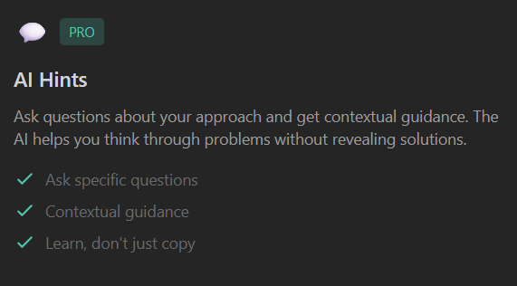 Screenshot of a section about AI hints, including benefits such as asking specific questions, contextual guidance, and learning.