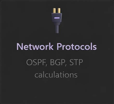 A digital illustration of a power plug with the text 'Network Protocols' above it and 'OSPF, BGP, STP calculations' below, on a dark background.